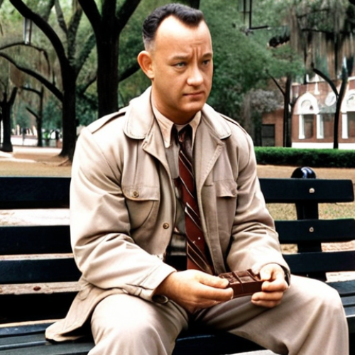 **Tom Hanks as Forrest Gump, sitting on a park bench in Savannah, Georgia, with a box of chocolates, telling his life story to a stranger. Capture his innocent expression and iconic outfit.**