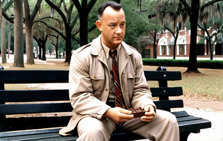 **Tom Hanks as Forrest Gump, sitting on a park bench in Savannah, Georgia, with a box of chocolates, telling his life story to a stranger. Capture his innocent expression and iconic outfit.**