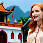 **Image:** Jessica Chastain giving an empowering speech at a film festival in Vietnam, surrounded by young, aspiring female filmmakers. The background features traditional Vietnamese architecture blended with modern film industry elements.
    *   **Prompt:** Jessica Chastain inspiring Vietnamese female filmmakers, film festival, traditional ao dai, empowering speech, Ho Chi Minh City backdrop.