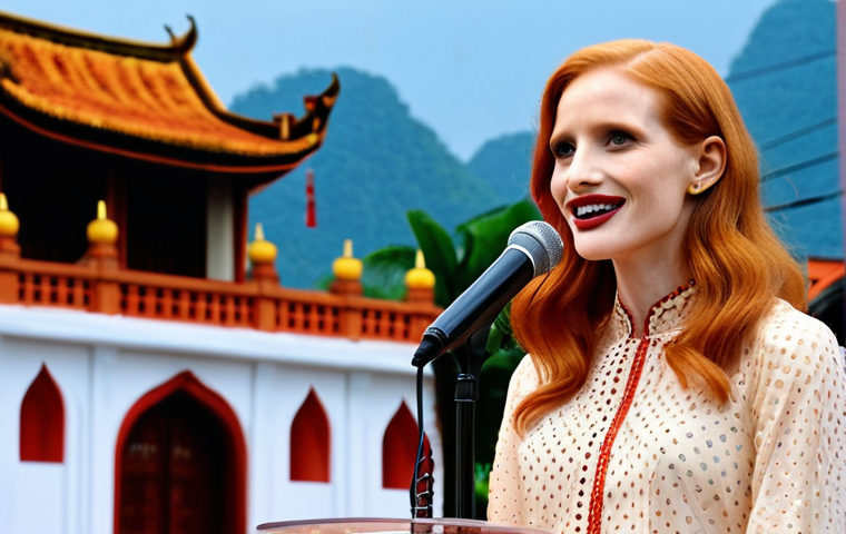 **Image:** Jessica Chastain giving an empowering speech at a film festival in Vietnam, surrounded by young, aspiring female filmmakers. The background features traditional Vietnamese architecture blended with modern film industry elements.
* **Prompt:** Jessica Chastain inspiring Vietnamese female filmmakers, film festival, traditional ao dai, empowering speech, Ho Chi Minh City backdrop.