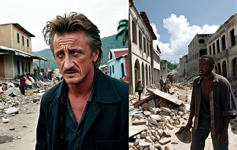 **
"Sean Penn, split image. On one side, a film still from "Mystic River," conveying intense emotion and grief. On the other, Sean Penn in Haiti, working amidst rubble and people, conveying humanitarian effort. Style: Documentary photography, gritty and realistic."
**